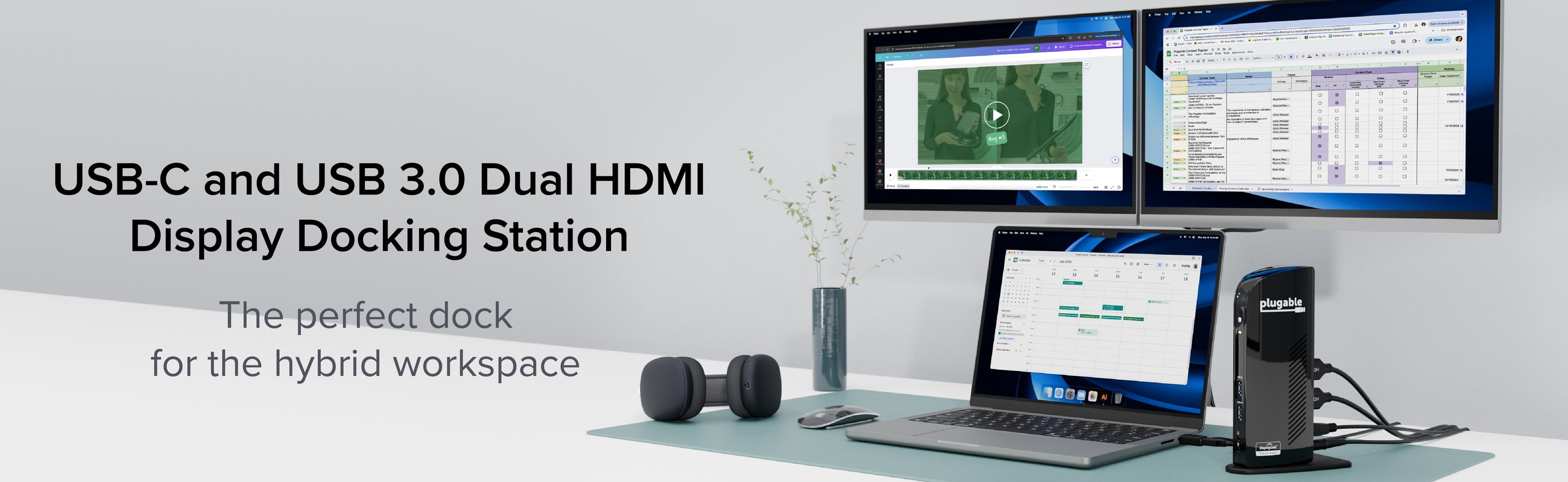 UD-3900 docking station on a desk with a laptop and two monitors connected