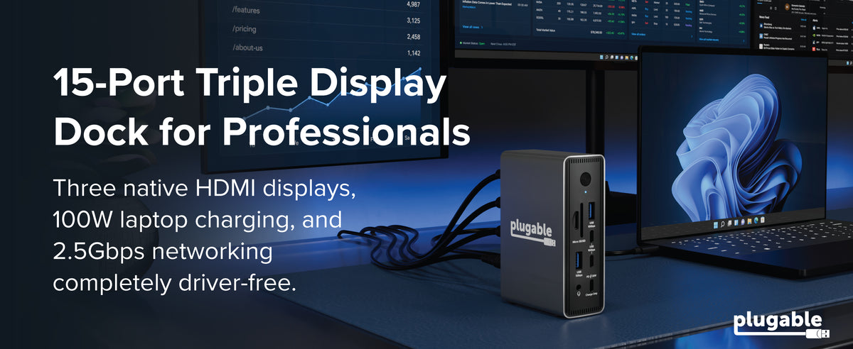 Plugable driverless USB-C docking station on desk with laptop      showing 15-Port Triple Display text