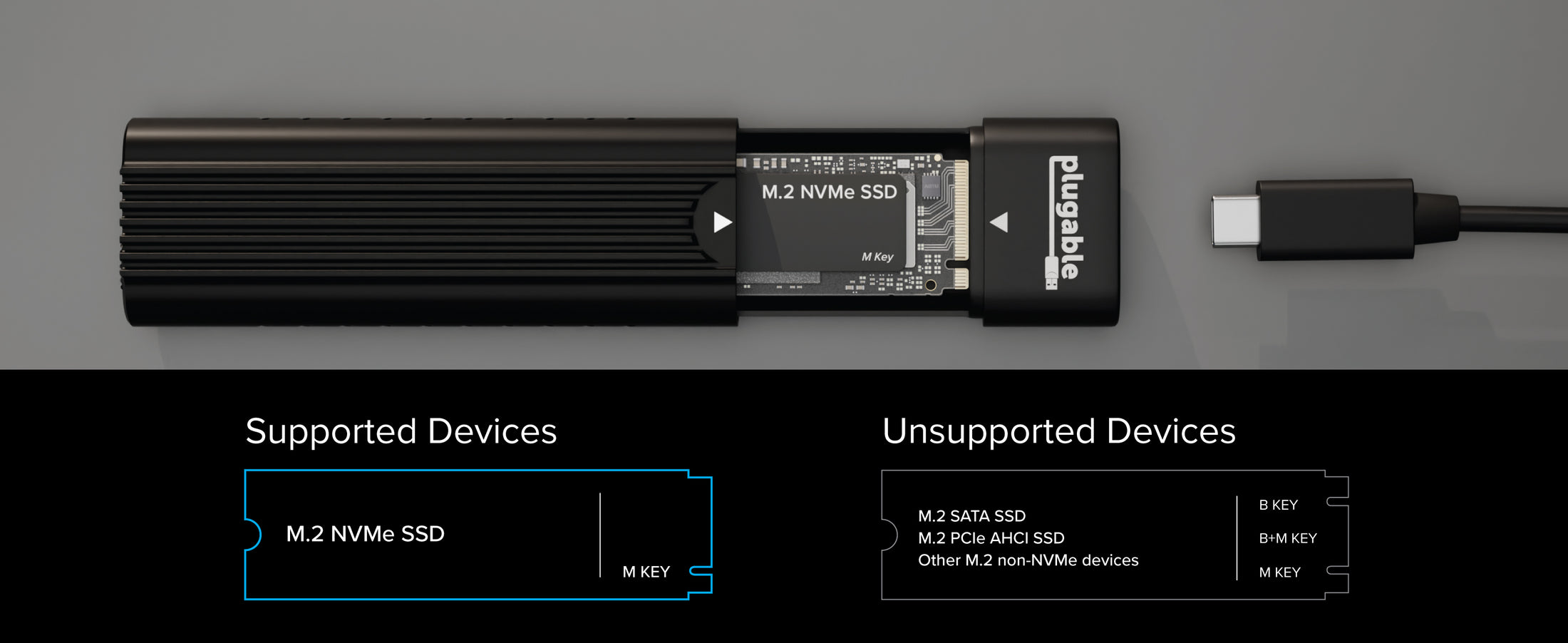 Open nvme ssd enclosure usb c with M.2 NVMe SSD inside and diagram showing supported devices