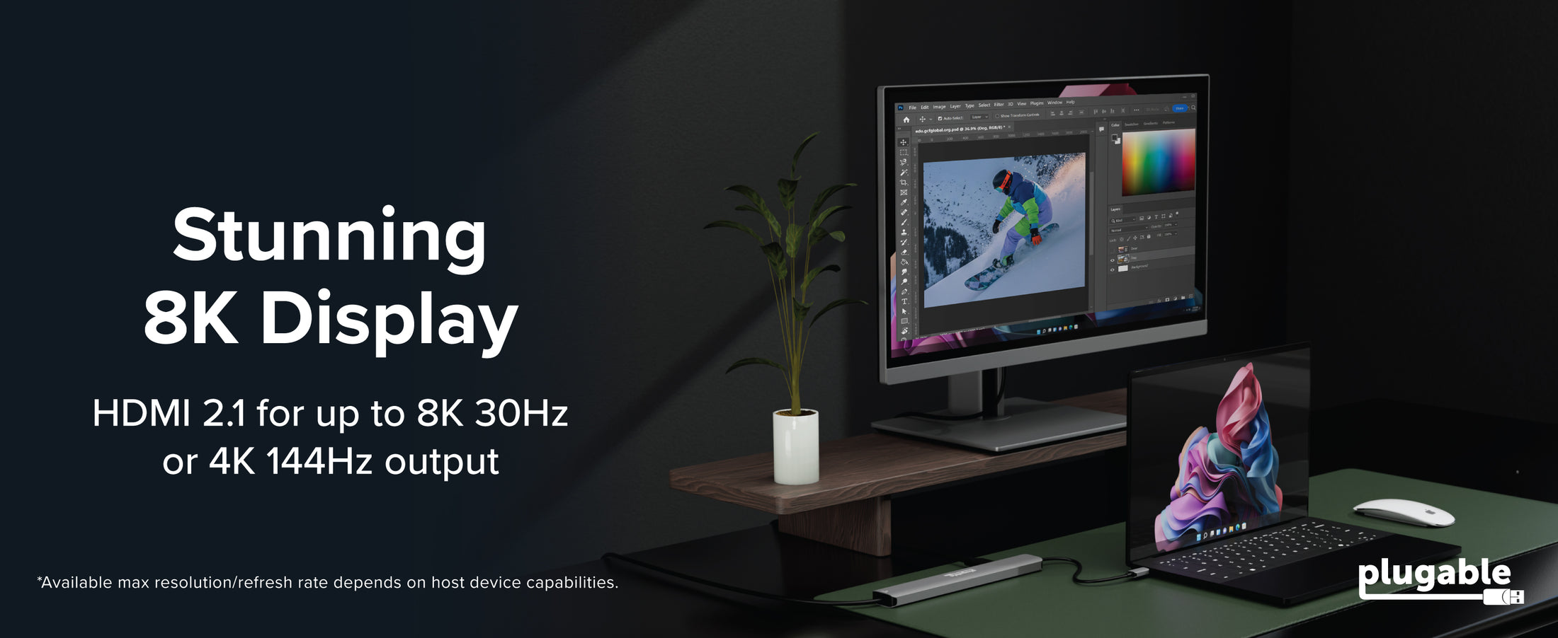 USB splitter for laptop with monitor and laptop, text "Stunning 8K Display" and "HDMI 2.1"