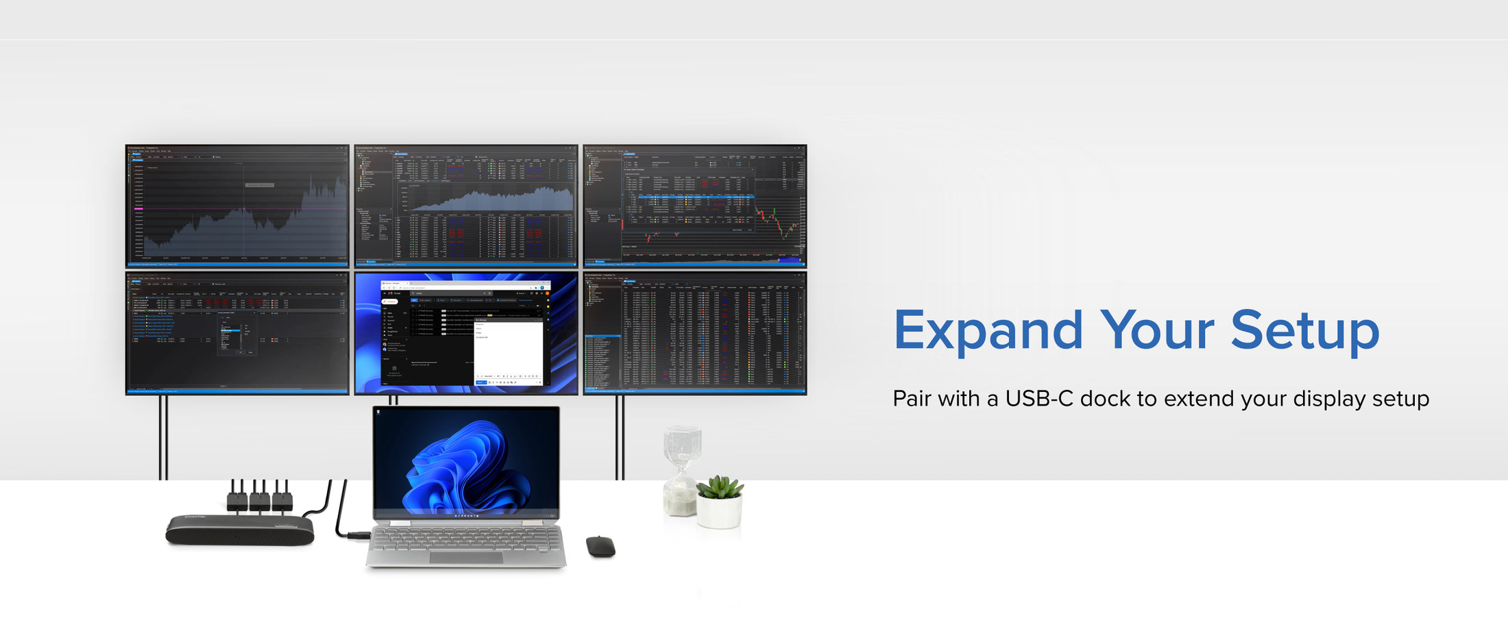 Workspace with two monitors linked using an HDMI to usb adapter