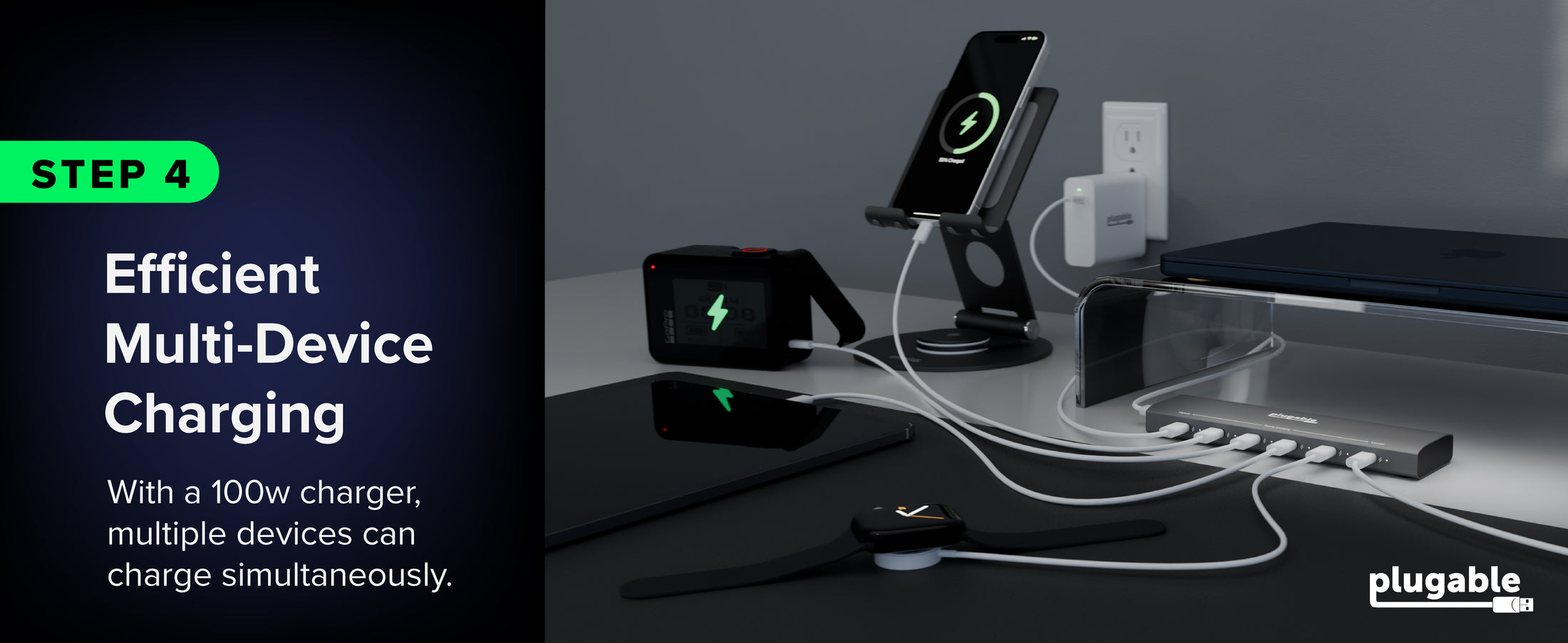family charging station for multiple devices with laptop phone watch and tablet plugged in