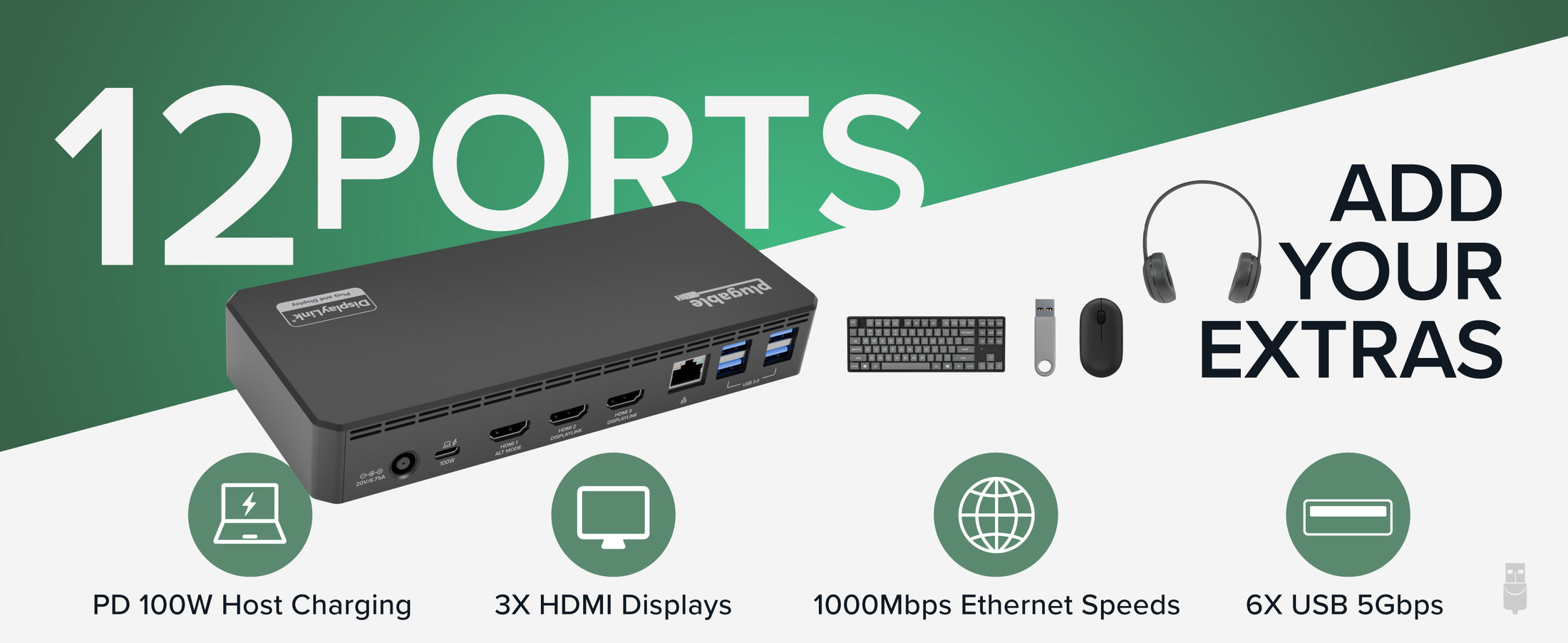 Plugable USB-C Triple Monitor Docking Station, 100W Laptop