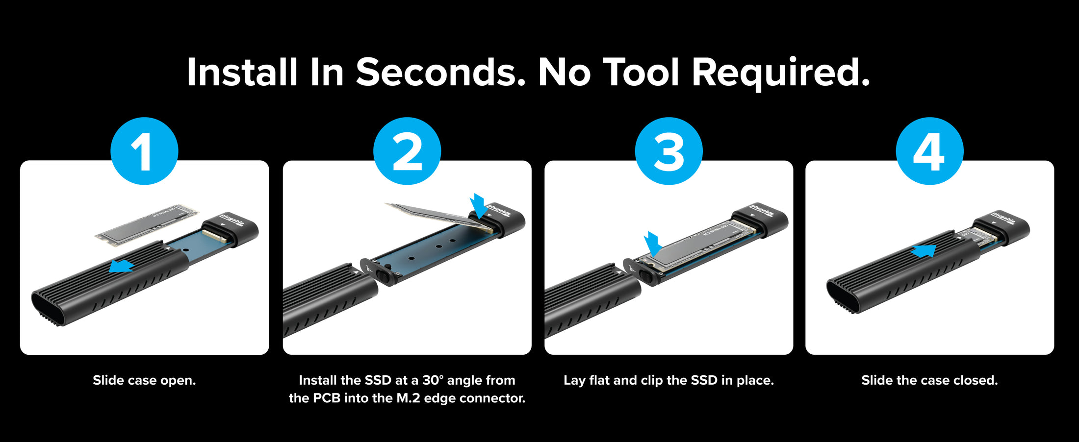 Step-by-step guide showing SSD installation into ssd enclosure m.2 nvme with no tools required