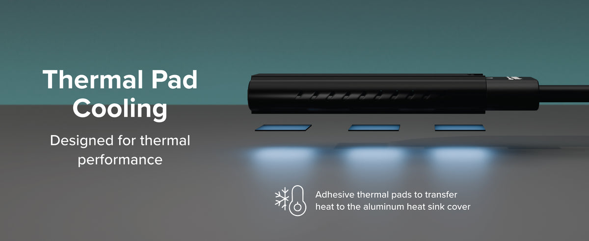 Thermal pad layout for thunderbolt 4 nvme enclosure with heat dissipation illustration and label