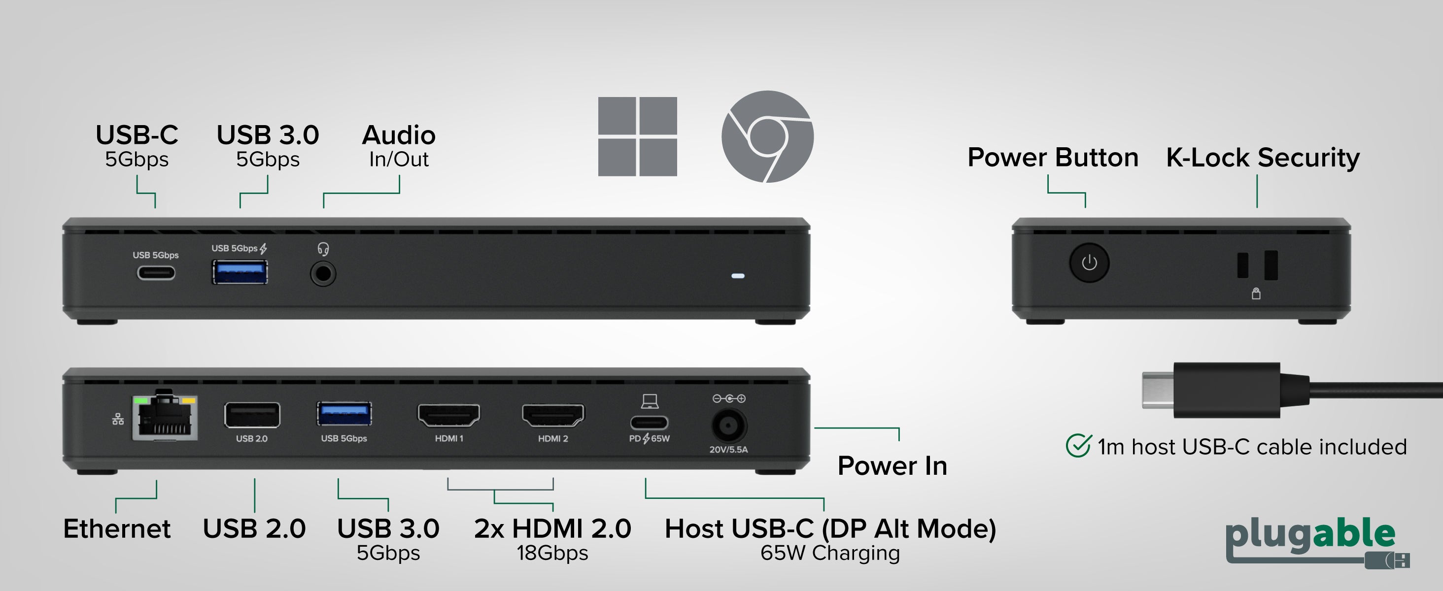 Plugable USB-C Docking Station Dual 4K 60Hz HDMI, 65W Charging
