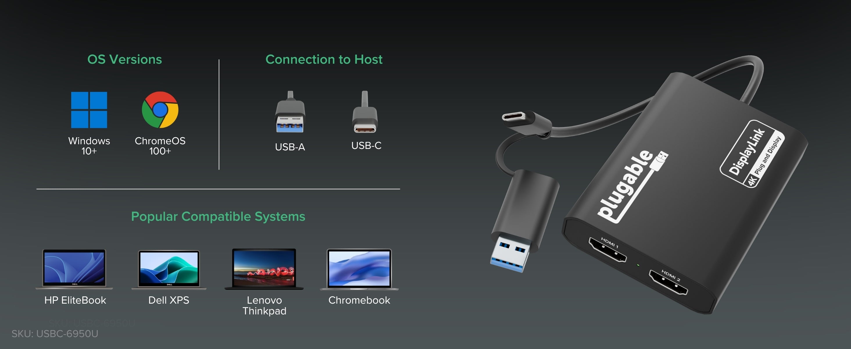 Plugable 4K Dual HDMI Adapter for USB-C & USB 3.0, Windows