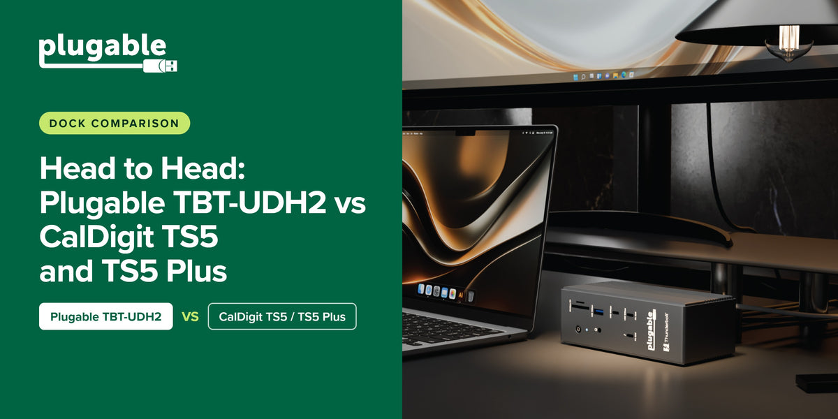 Plugable TBT-UDH2 vs CalDigit TS5 and TS5 Plus dock comparison, showing the Plugable dock on a desk beside a laptop.