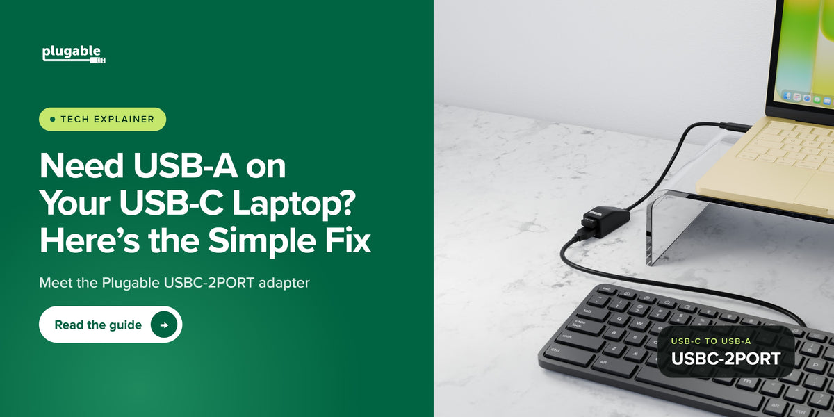 Plugable USBC-2PORT hub connected by USB-C to a laptop on a clear stand, with a wired keyboard plugged into one of its USB-A ports, beside the title “Need USB-A on Your USB-C Laptop? Here’s the Simple Fix.”