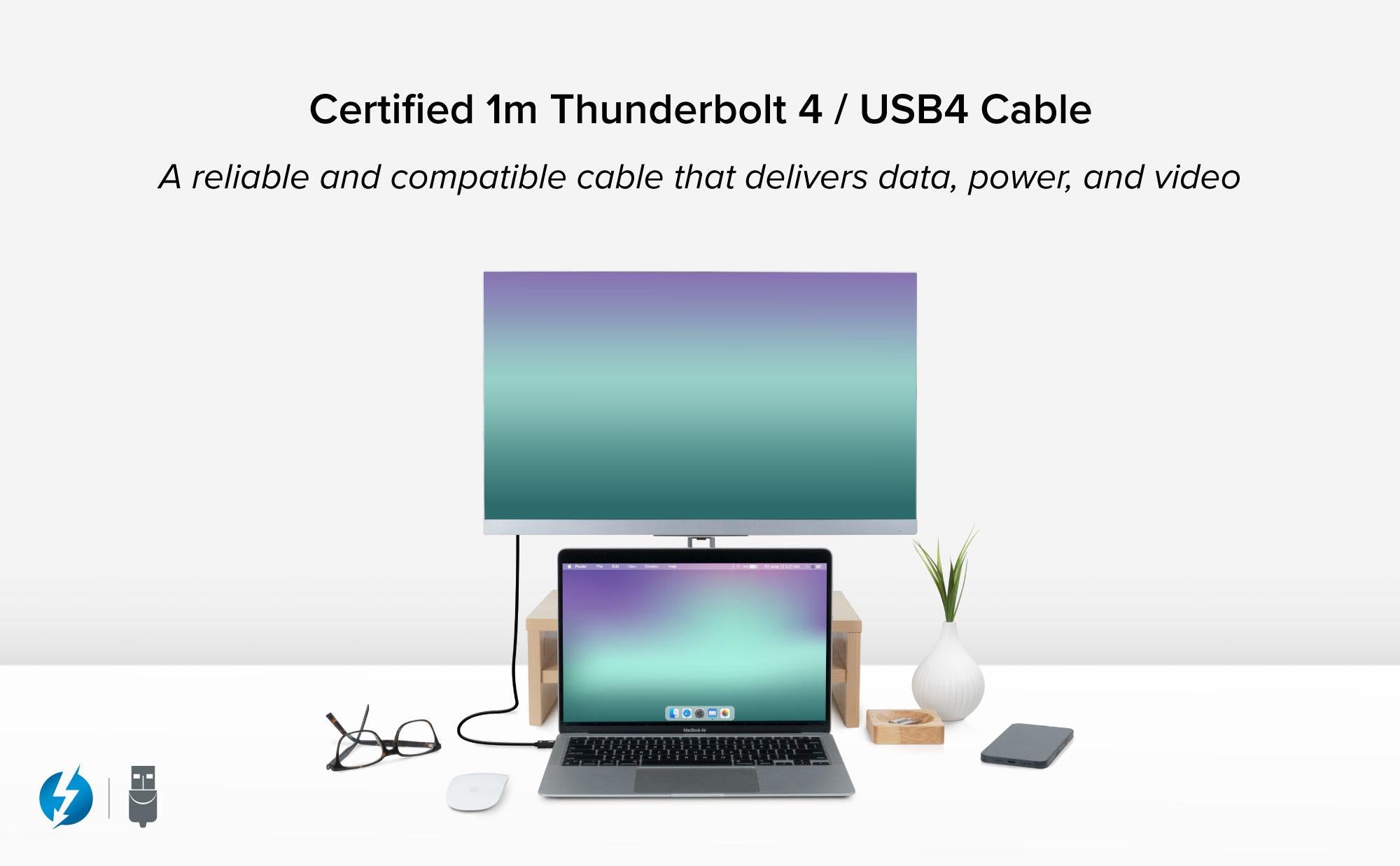Image of the Plugable Thunderbolt 4 cable being used to connect a laptop to a monitor