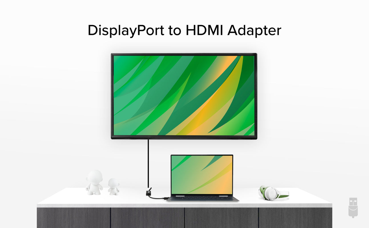 DisplayPort to HDMI adapter connecting a computer to wall mounted television