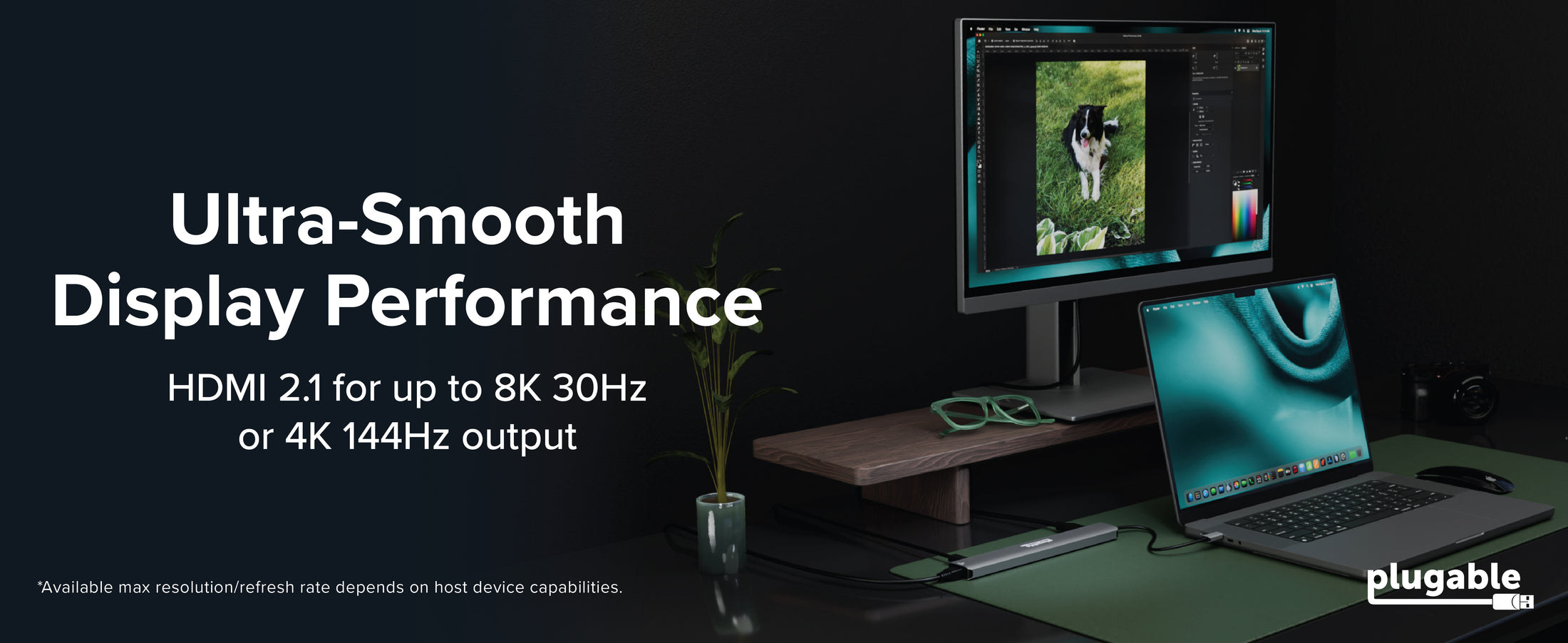 usb splitter for laptop with monitor and laptop, text "Stunning 8K Display" and "HDMI 2.1"