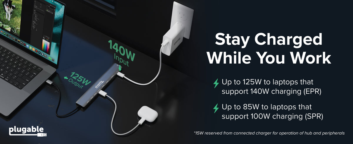 plugable usb hub charging laptop, text "Stay Charged While You Work" and "125W Output"
