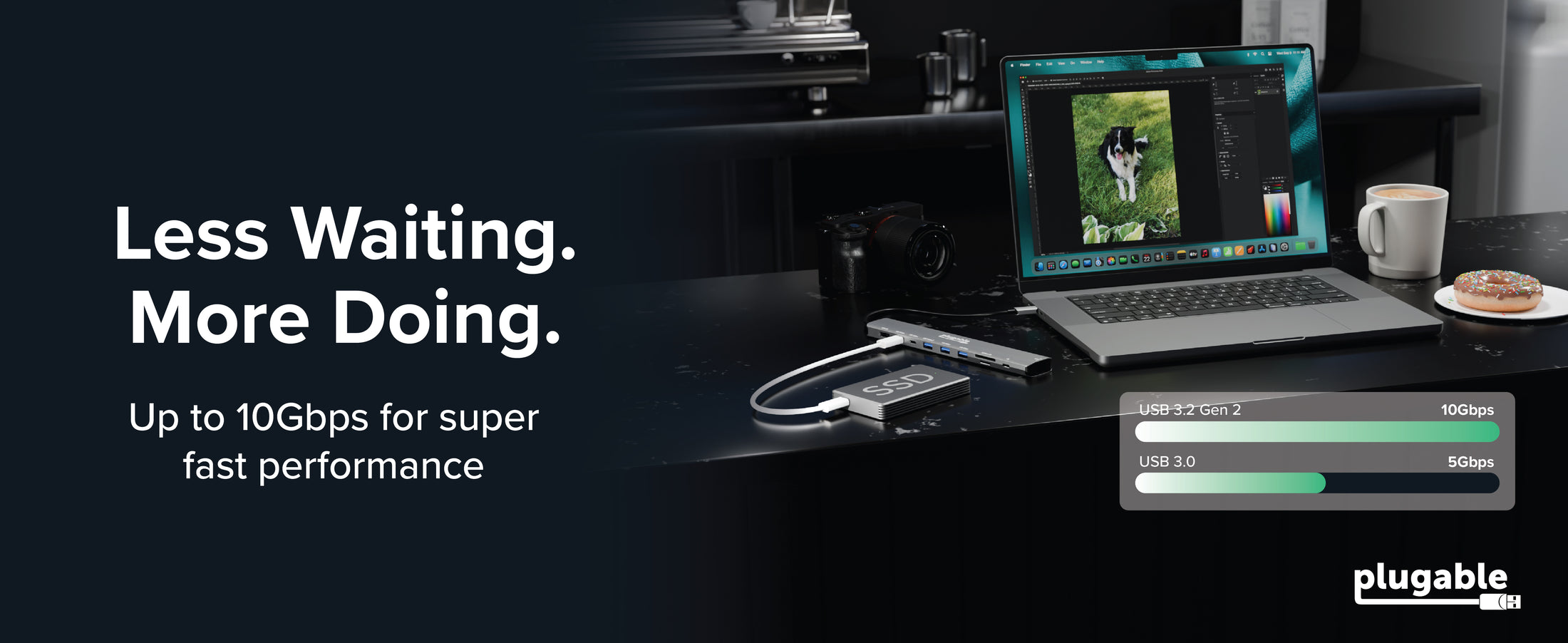 USB C hub for Mac with SSD and laptop, text "Less Waiting. More Doing." and "10Gbps"