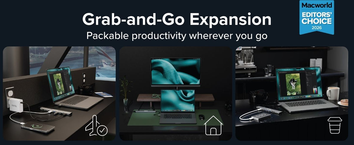 USBC hub with laptop in travel, home, and cafe setups, text "Grab-and-Go Expansion"