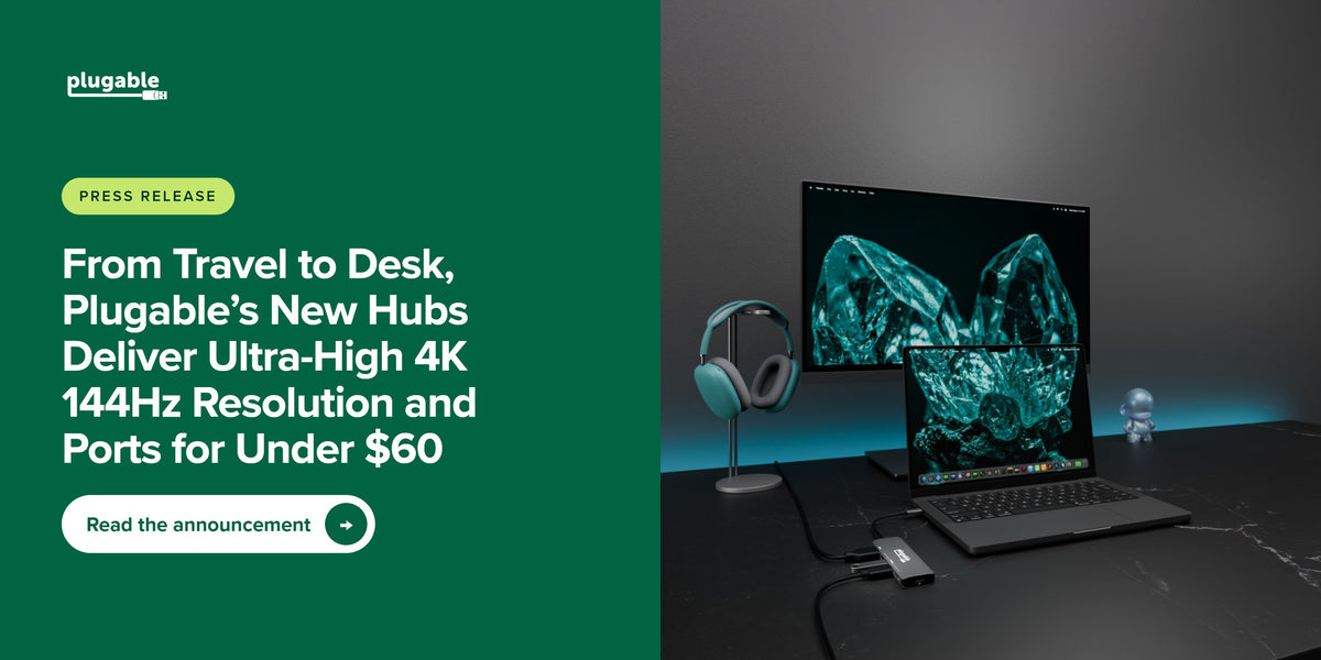 Plugable press release banner: a Plugable USB-C hub on a dark desk, cabled to a laptop below a monitor, with headphones on a stand