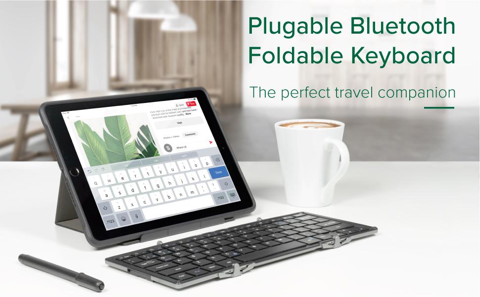 The Plugable BT-KEY3Xl in an image with a tablet, with a caption saying it is the perfect travel companion