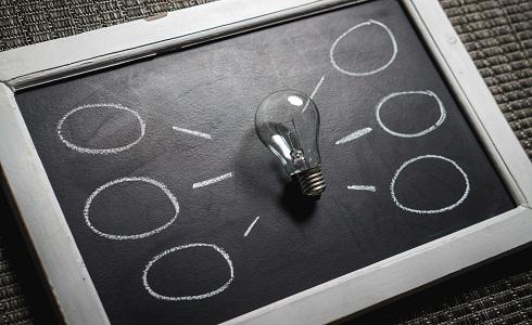 An image of a chalkboard with a light bulb in the center and ideas springing from the light bulb.