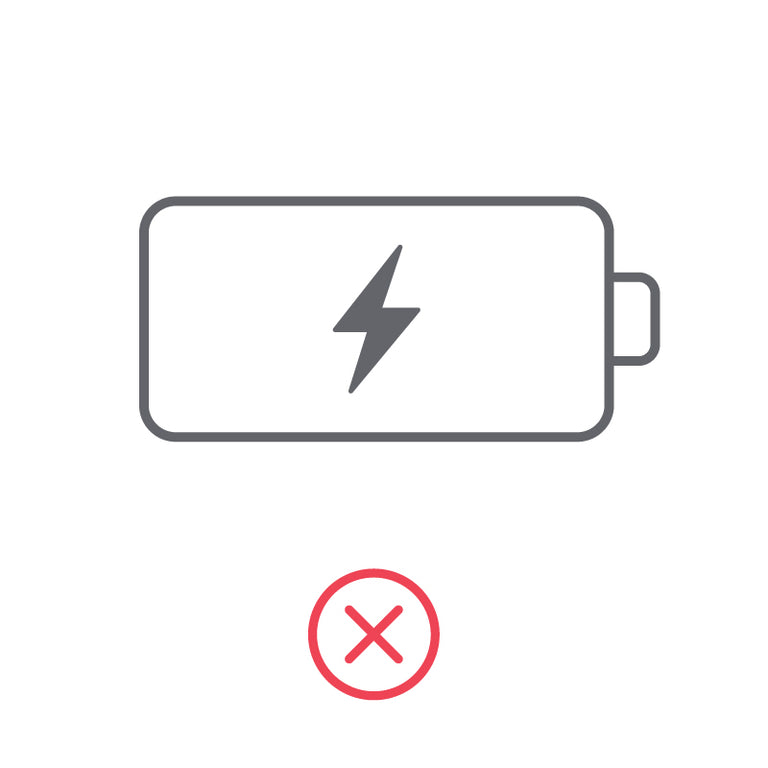 A vector graphic of a battery with a red x below it, indicating the Plugable USB2-2PORT does not charge accessories