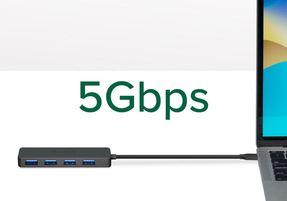 The USBC-HUB4A connected to a laptop can get up to 5 Gbps transfer speed.