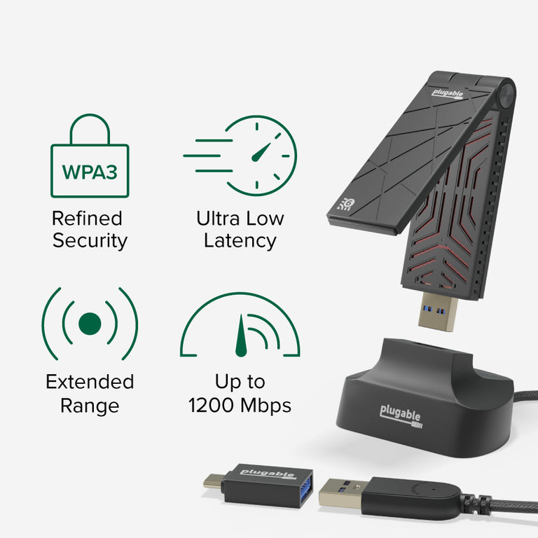 a visual of the usb-wifiax connected to its usb cradle with a highlight of its features such as WPA3, extended range, improved wi-fi speeds, and low latency.