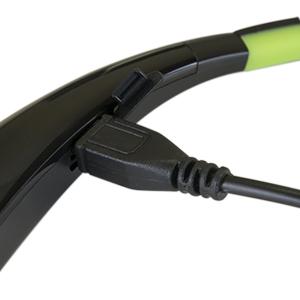 An image of a USB cable plugged into the Plugable BT-HSFLEX headset to charge it.