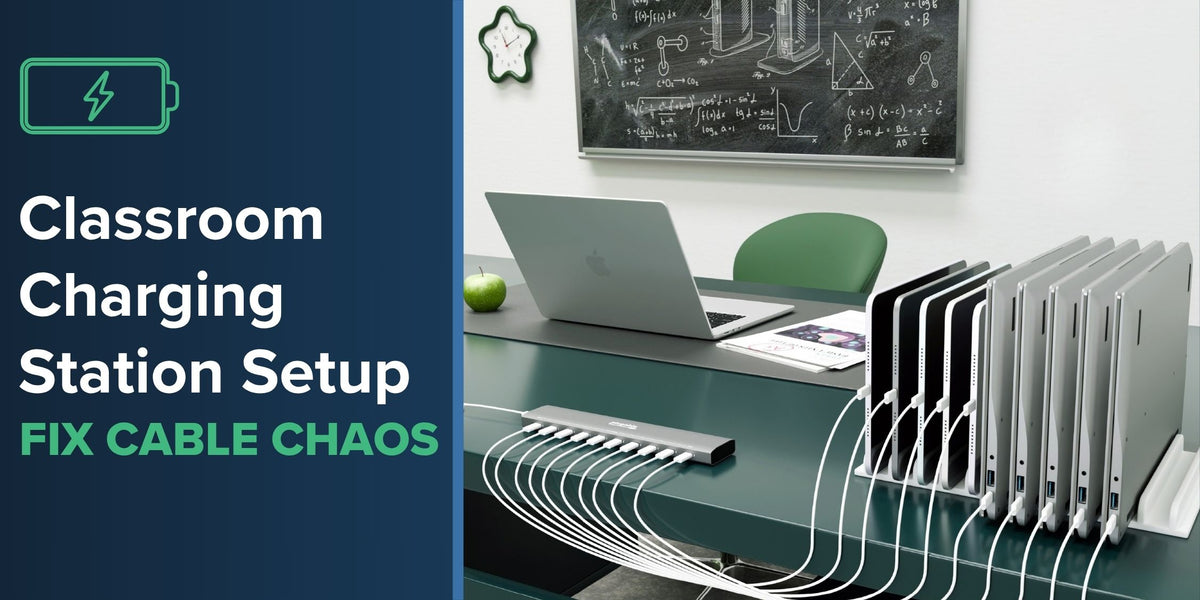 Plugable PS-10CC 10-port USB-C charging station on a teacher's desk charging ten laptops upright in a classroom charging cart, beside an open MacBook and chalkboard.