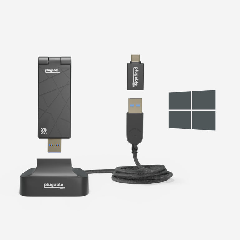 a close up of the usb-wifiax and a visual of compatibility for Windows.