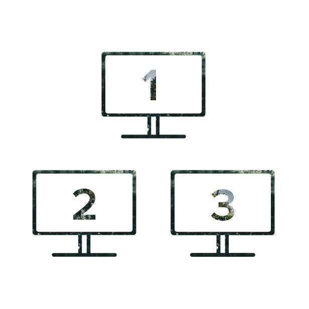 Line-art represnting three computer monitors, numbered "1", "2", and "3"