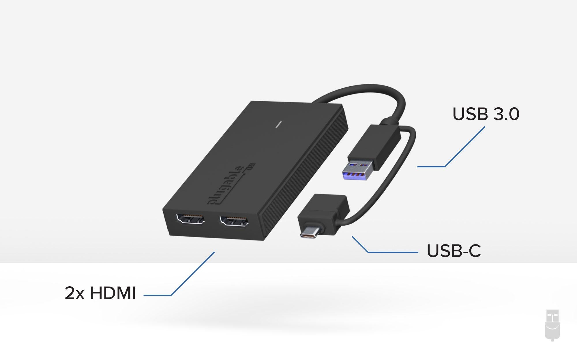 Plugable USB 3.0 or USB C to HDMI Adapter for Dual Monitors, Universal  Video Graphics Adapter for Mac and Windows, Thunderbolt, USB 3.0 or USB-C,  1080p@60Hz 