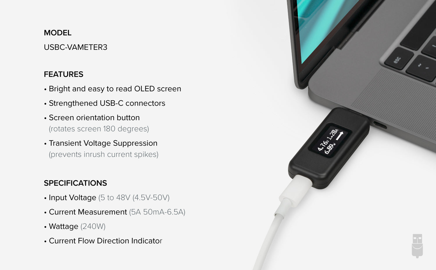 Plugable USBC Voltage & Amperage Meter for High Power Devices (240W E
