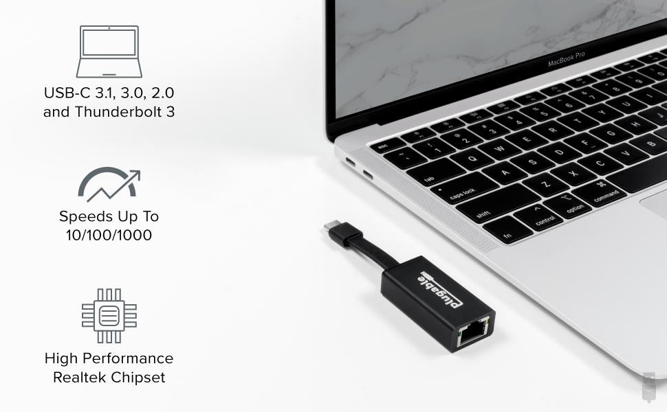 An image of a Macbook Pro computer with the USBC-TE1000 adapter next to it, and informational graphics about USB,  Network Speed, and Chipset Performance.