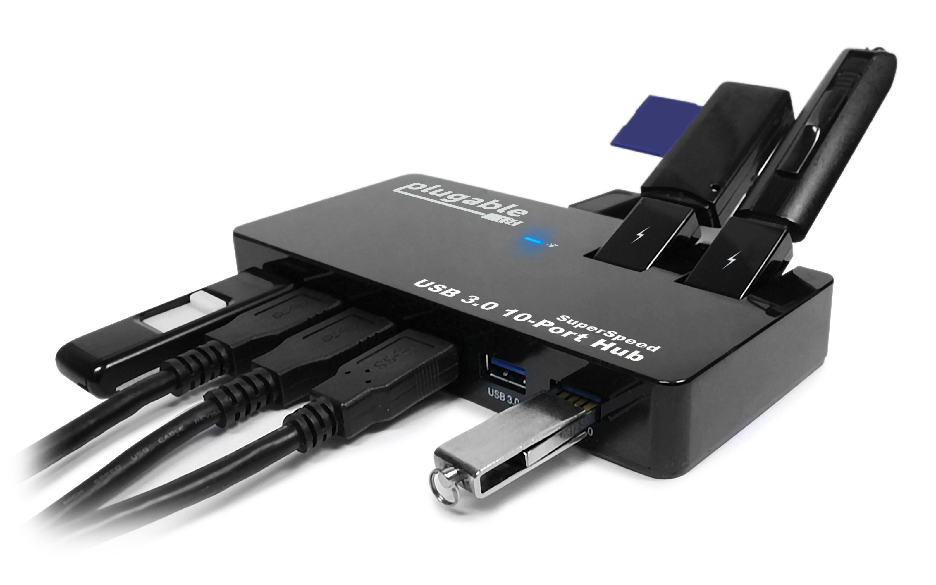 Image of the Plugable USB 3.0 10-port hub connecting a number of different devices