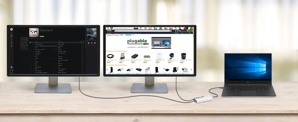 Image of the Plugable TBT3-DP2X Dual DisplayPort Adapter with dual displays