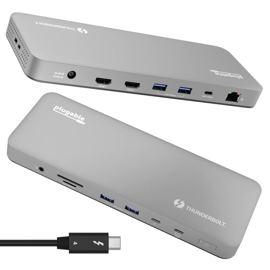 Plugable TBT-UDM Thunderbolt 4 dock with 21V/6.4A power, 2 HDMI, 2 USB 10Gbps, USB-C 10Gbps, Ethernet, SD, and 96W host.