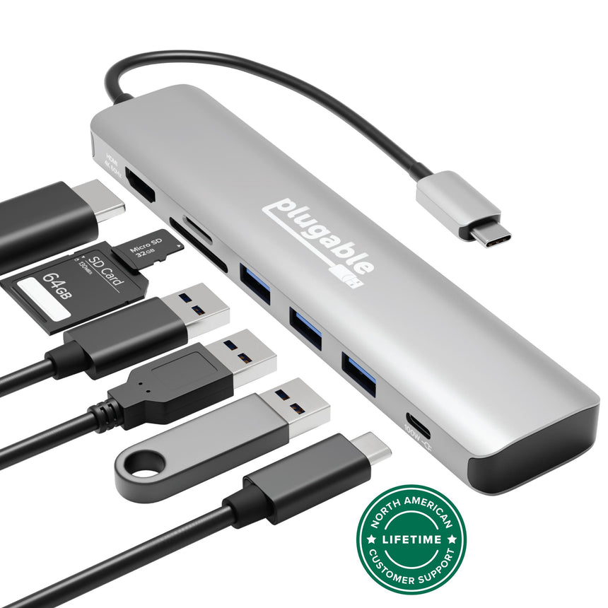 Plugable 7-in-1 USB-C hub with HDMI 4K 60Hz, SD, microSD, three USB-A ports, and 100W USB-C Power Delivery port.