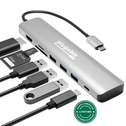 Plugable 7-in-1 USB-C hub with HDMI 4K 60Hz, SD, microSD, three USB-A ports, and 100W USB-C Power Delivery port.