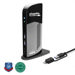 Plugable UD-3900C docking station with two USB 3.0 ports, headphone and microphone jacks, DisplayLink, and hybrid cable.