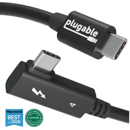 Plugable Thunderbolt 4 right-angle cable with USB-C connectors, Macworld Best of 2026 award, and lifetime support.