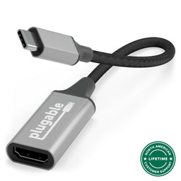Plugable USB-C to HDMI adapter with a USB-C connector on a braided cable and an HDMI port on the housing.