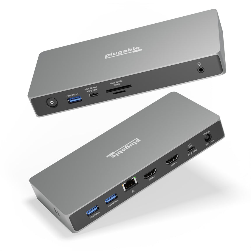 Plugable UD-4VPD dock: front has USB 10Gbps, 20W PD, SD/MicroSD; rear has 2x USB, Ethernet, 2x HDMI, 100W PD, 20V/6.75A.