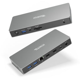 Plugable UD-4VPD dock: front has USB 10Gbps, 20W PD, SD/MicroSD; rear has 2x USB, Ethernet, 2x HDMI, 100W PD, 20V/6.75A.