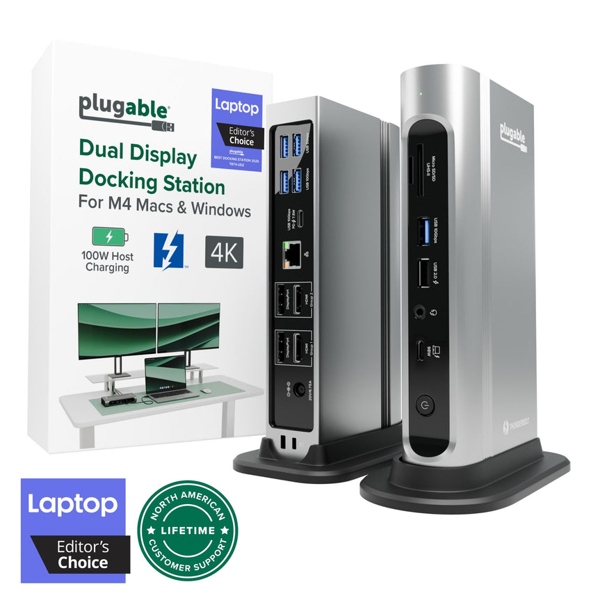 Plugable TBT4-UDZ Dual Display Docking Station for M4 Macs and Windows with 100W host charging and 4K support.