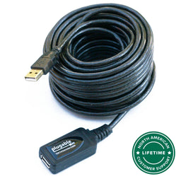 Plugable 10-meter USB 2.0 active extension cable with Type A male to female connectors and lifetime support.