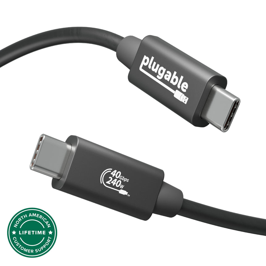 Plugable USB-C cable with 40Gbps data transfer and 240W power delivery, featuring North American lifetime support.