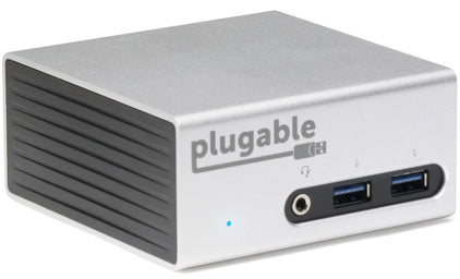 Plugable UD-5900 docking station front panel with 3.5mm audio jack and two USB 3.0 ports with charging icons.