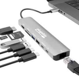 Plugable USBC-8IN1E hub connected to laptop, featuring HDMI 8K, SD/Micro SD, USB 5Gbps, USB 2.0, USB-C, and 1Gbps Ethernet po