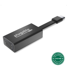 Plugable USBC-TVGA USB-C to VGA adapter with North American lifetime customer support badge.