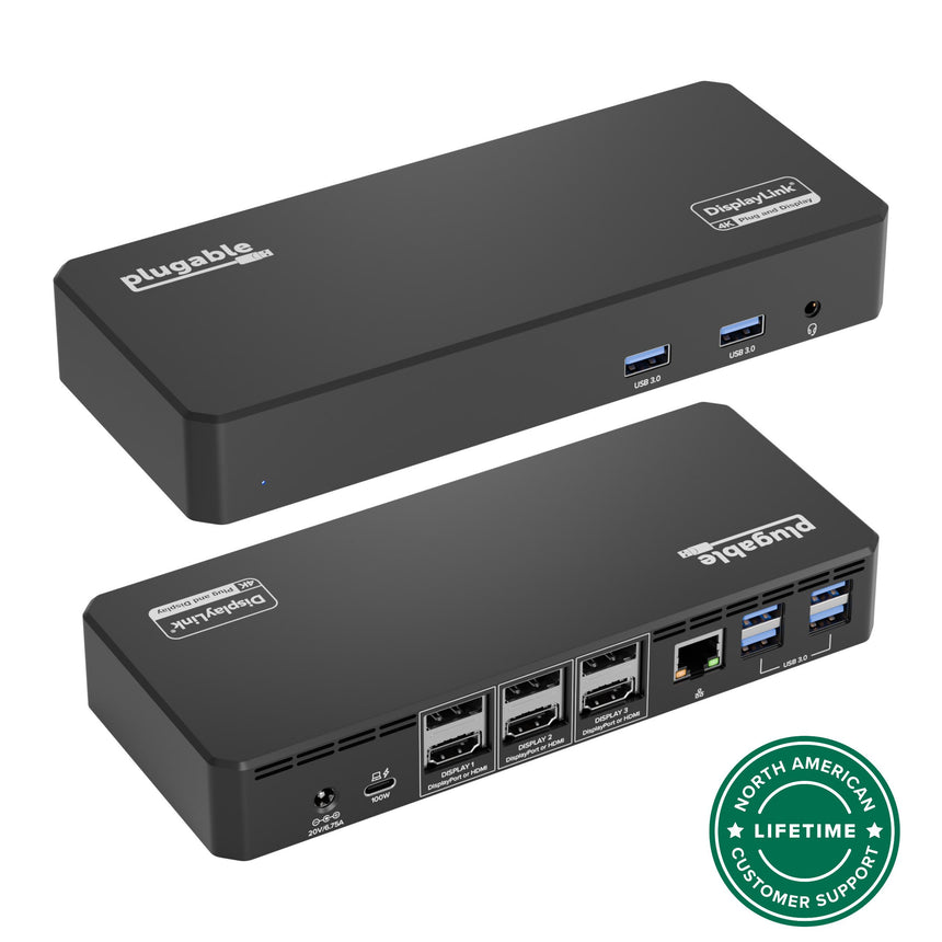 Plugable UD-6950PDZ docking station with DisplayLink, 100W power, 3x DisplayPort or HDMI, Ethernet, and USB 3.0 ports.