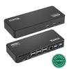 Plugable UD-6950PDZ docking station with DisplayLink, 100W power, 3x DisplayPort or HDMI, Ethernet, and USB 3.0 ports.